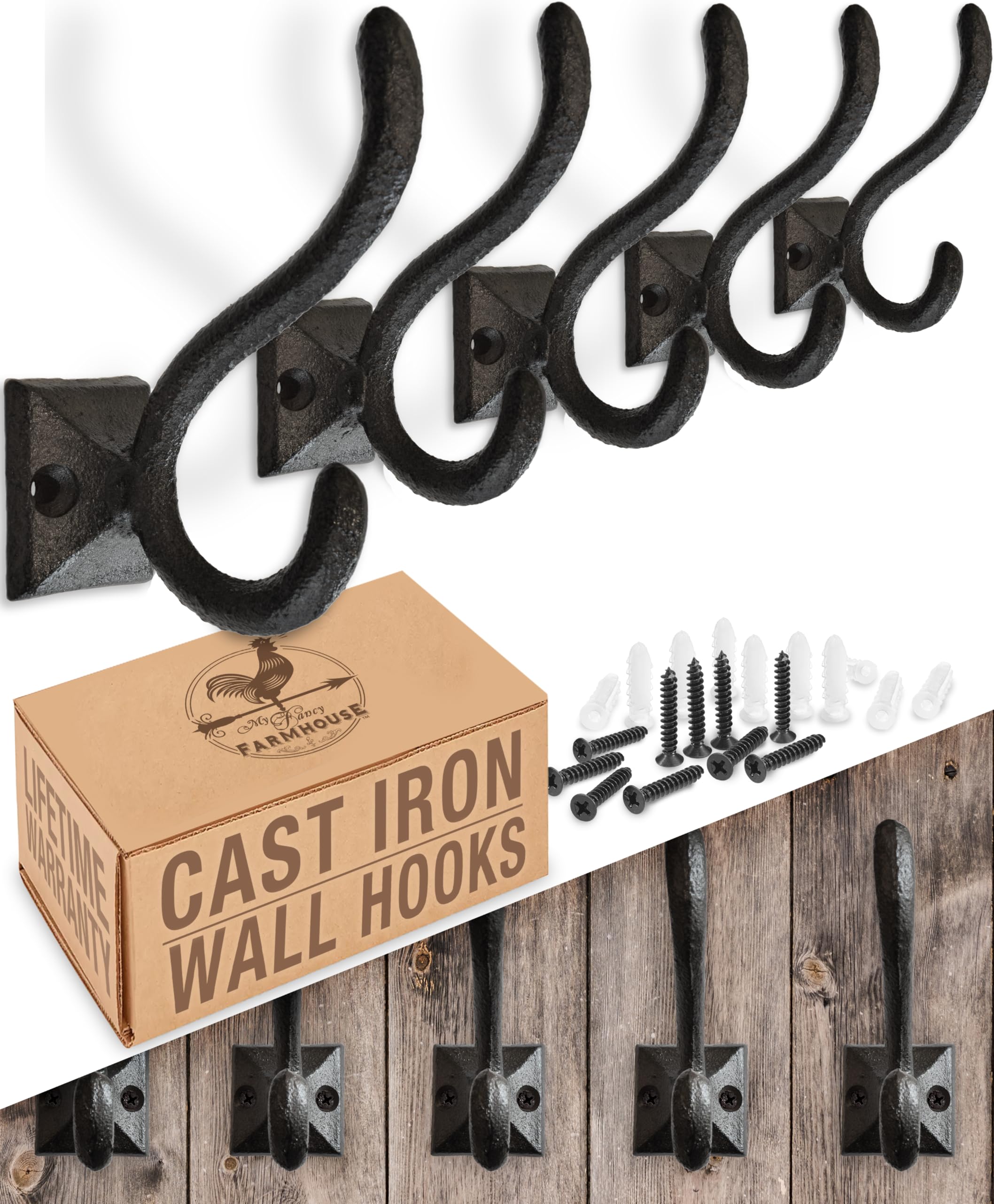 Rustic Wall Hooks for Hanging (5 Pack) Cast Iron Black Coat Hooks Wall Mounted - Farmhouse Decor Square Base Hooks for Coats, Bags, Hats, Towels (Black Hooks)