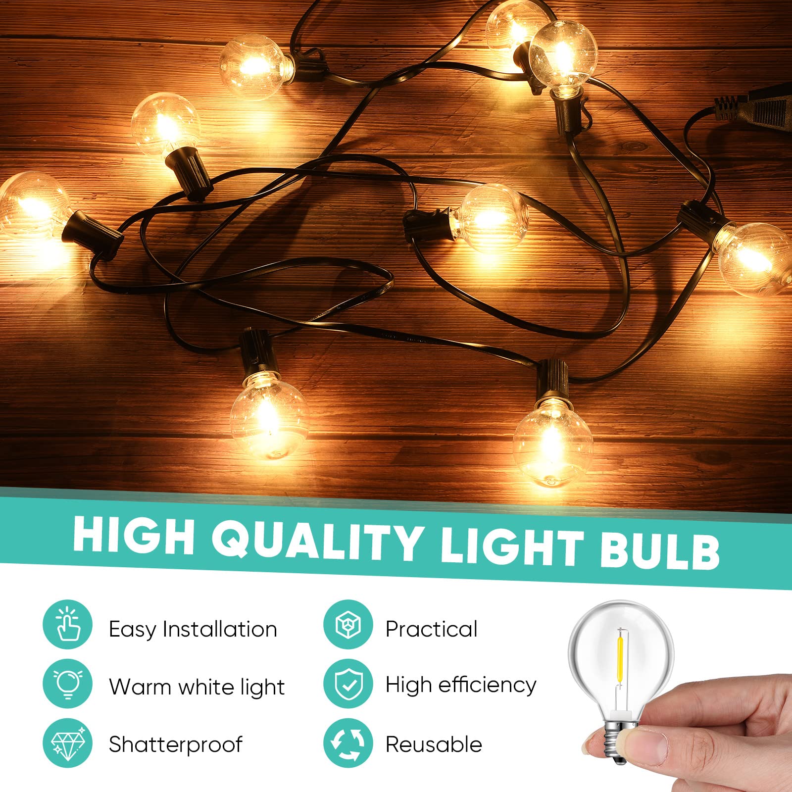 LEIFIDE 100 Pcs G40 LED Light Bulbs Replacement 1W Globe Bulbs Outdoor LED Light Bulb Fits C7 and E12 Candelabra Screw Base Sockets LED String Light Bulbs Shatterproof Bulbs, 2700k(White)