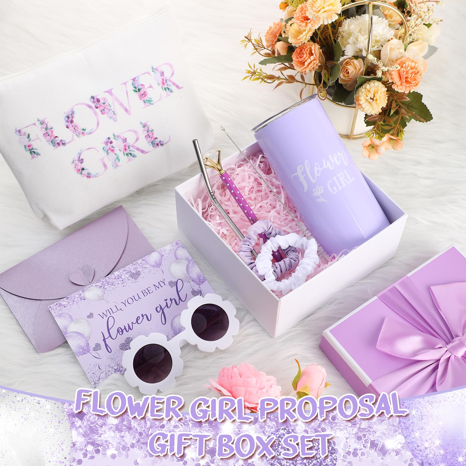 Sieral 9 Pcs Flower Girl Proposal Gifts Set Personalized Flower Girl Tumbler with Straw Bride Gift Box Canvas Bag Sunglasses Hair Ring Diamond Pen Envelope Bride Gift for Wedding(Purple,Retro)