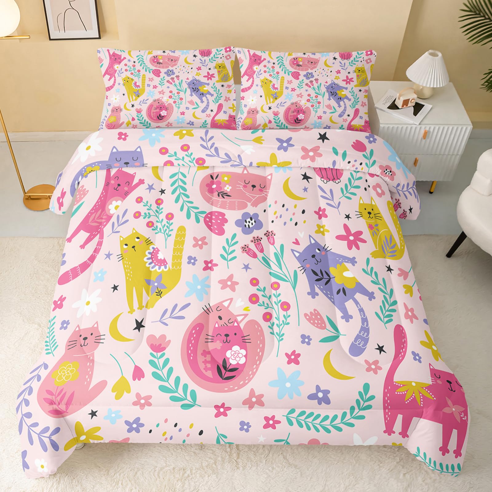 QOOMO Floral Cat Comforter Twin Size,Pink Cat Comforter Set for Kids Teens Girls,3Pcs Bedding Set Printed Comforter with 2 Pillowcases,Down Alternative,Soft and Lightweight(Pink，Twin Size)