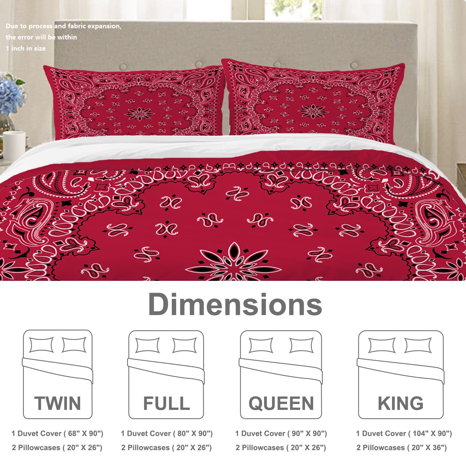 BaoNews Red Paisley Bandana Duvet Cover Set Full Size,3 Pieces Bandana with Red Paisley in The Middle Bedding Set Hotel Quality PolyesterComforter Cover Set with 2 Pillowcases(No Filler)