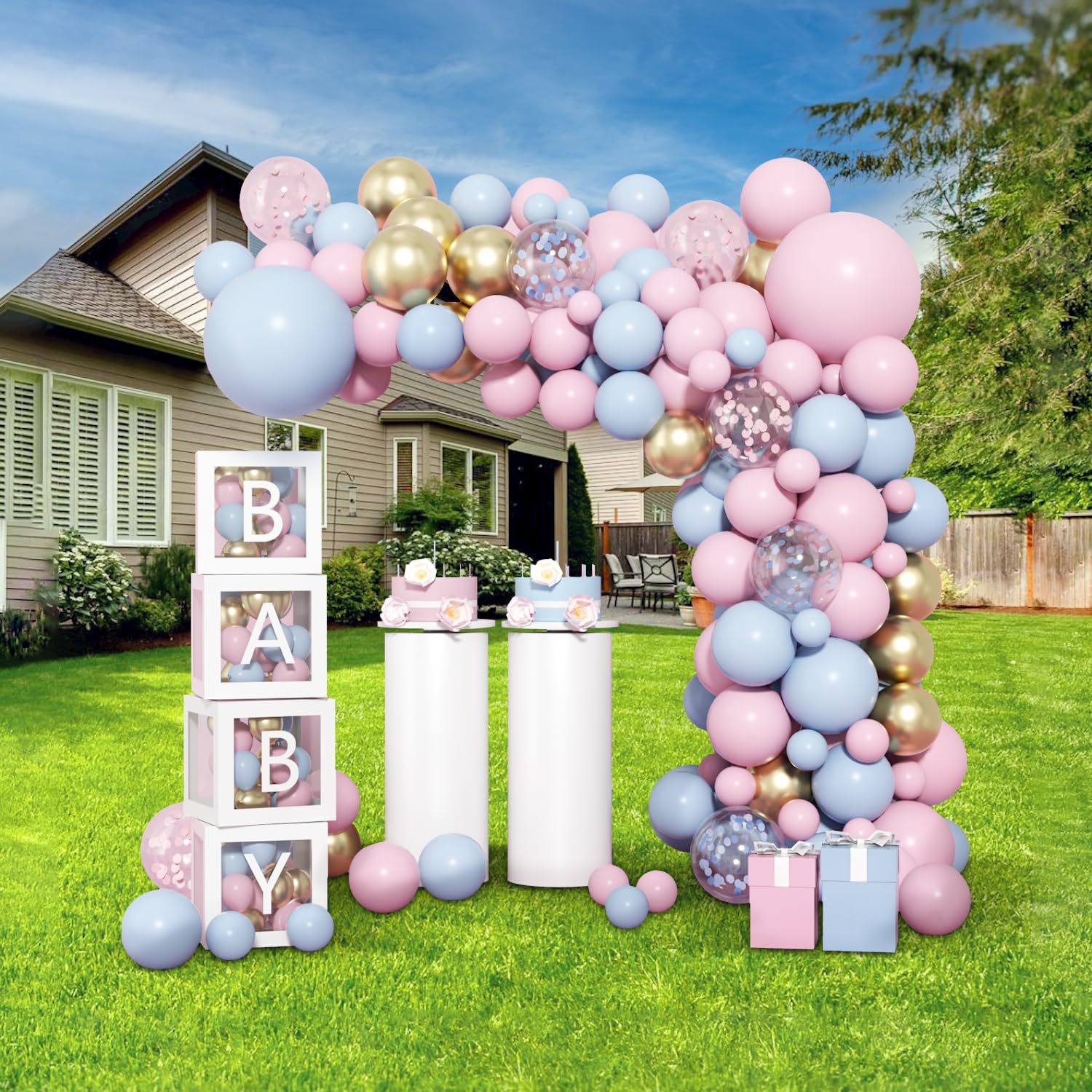 Pink and Blue Balloons Garland Arch Kit,18+12+10+5 Inch Gender Reveal Confetti Gold Latex Balloons for Boys Girls Baby Shower Decorations Gender Reveal Decor