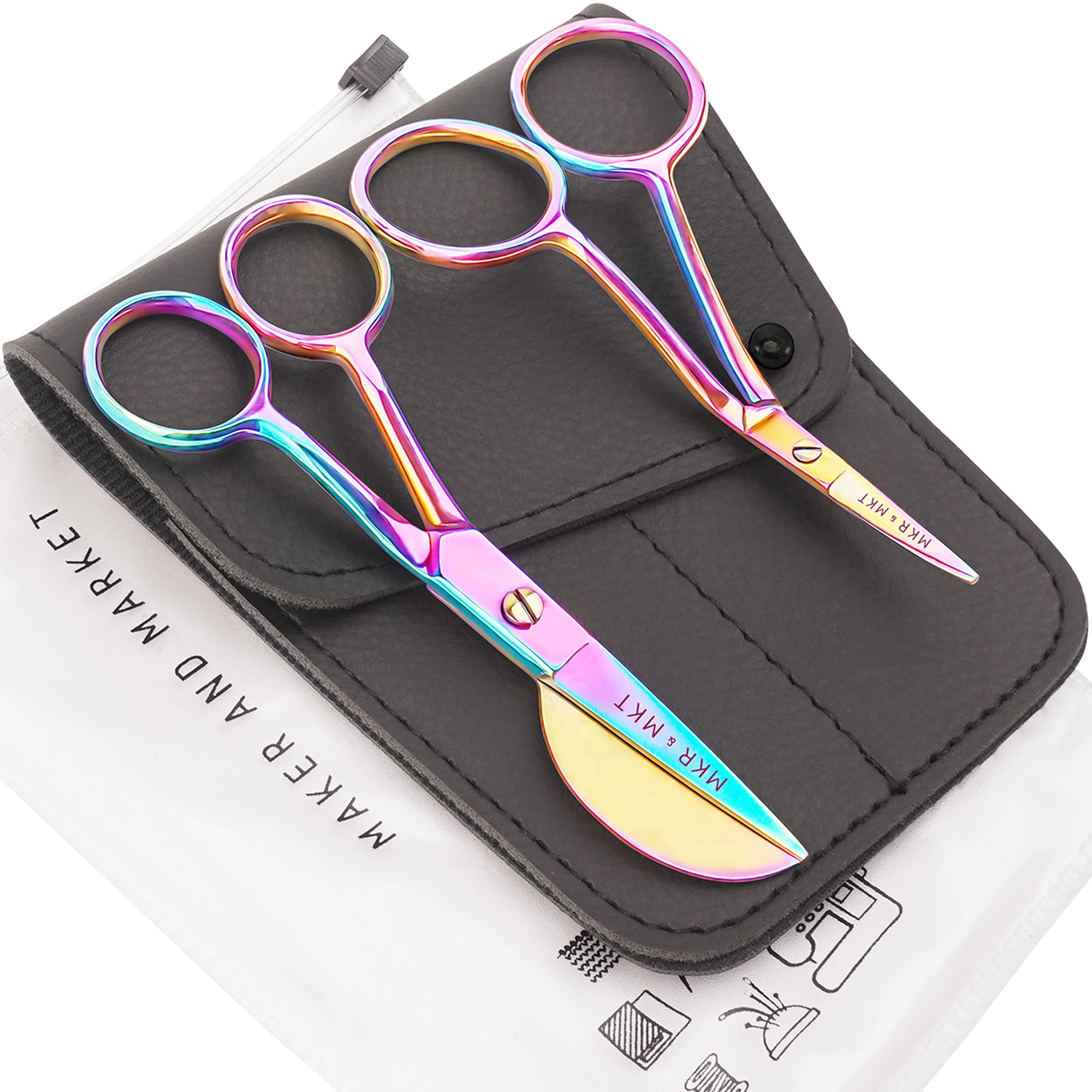 MAKER AND MARKET Small Embroidery 4.5 Inch Scissors Set of 2 Kit - Mini Double Bend Offset Duckbill and Double Bend Long Applique Needlepoint Blade with Pouch Sleeve (Rainbow)