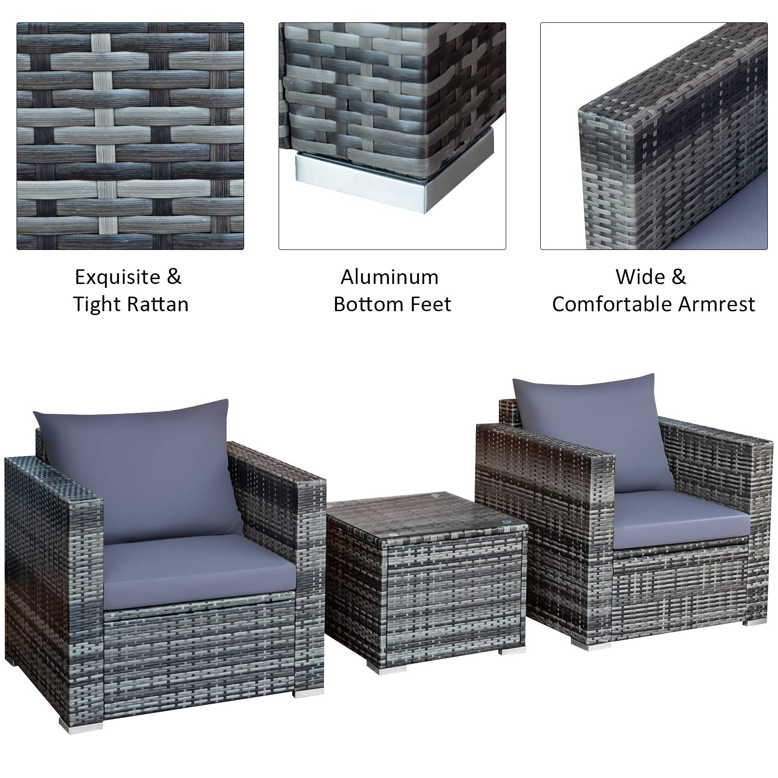 RELAX4LIFE 3-Piece Outdoor Furniture Set - All Weather PE Rattan Sofa Couch Set w/Thick Cushions & Tempered Glass Coffee Table, Patio Conversation Set for Lawn Yard Poolside (Grey)