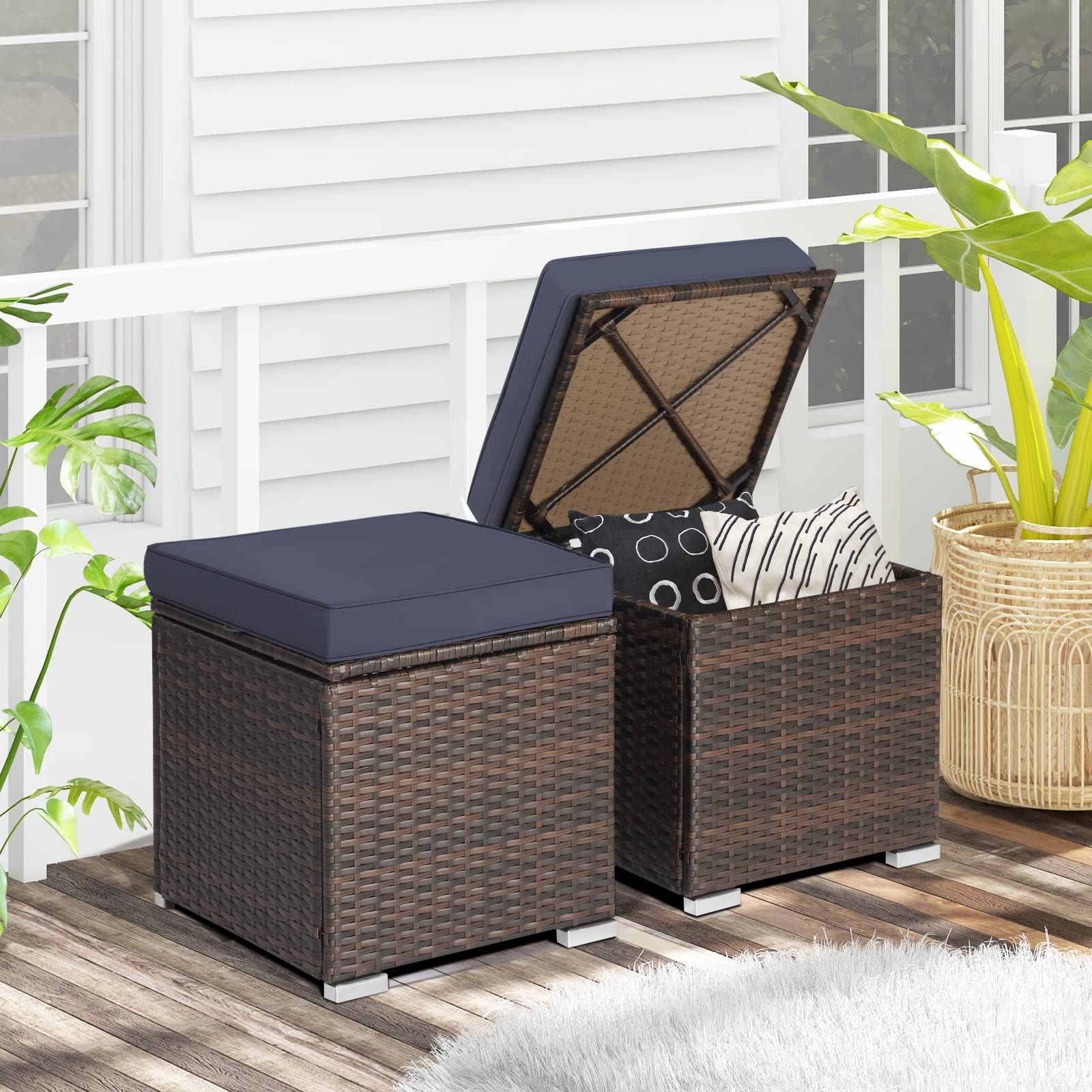 HAPPYGRILL 2 PCS Patio Ottoman Set Outdoor Wicker Stool with Storage, Rattan Footrest Ottoman with Solid Metal Frame and Cushion for Backyard Poolside Garden Balcony