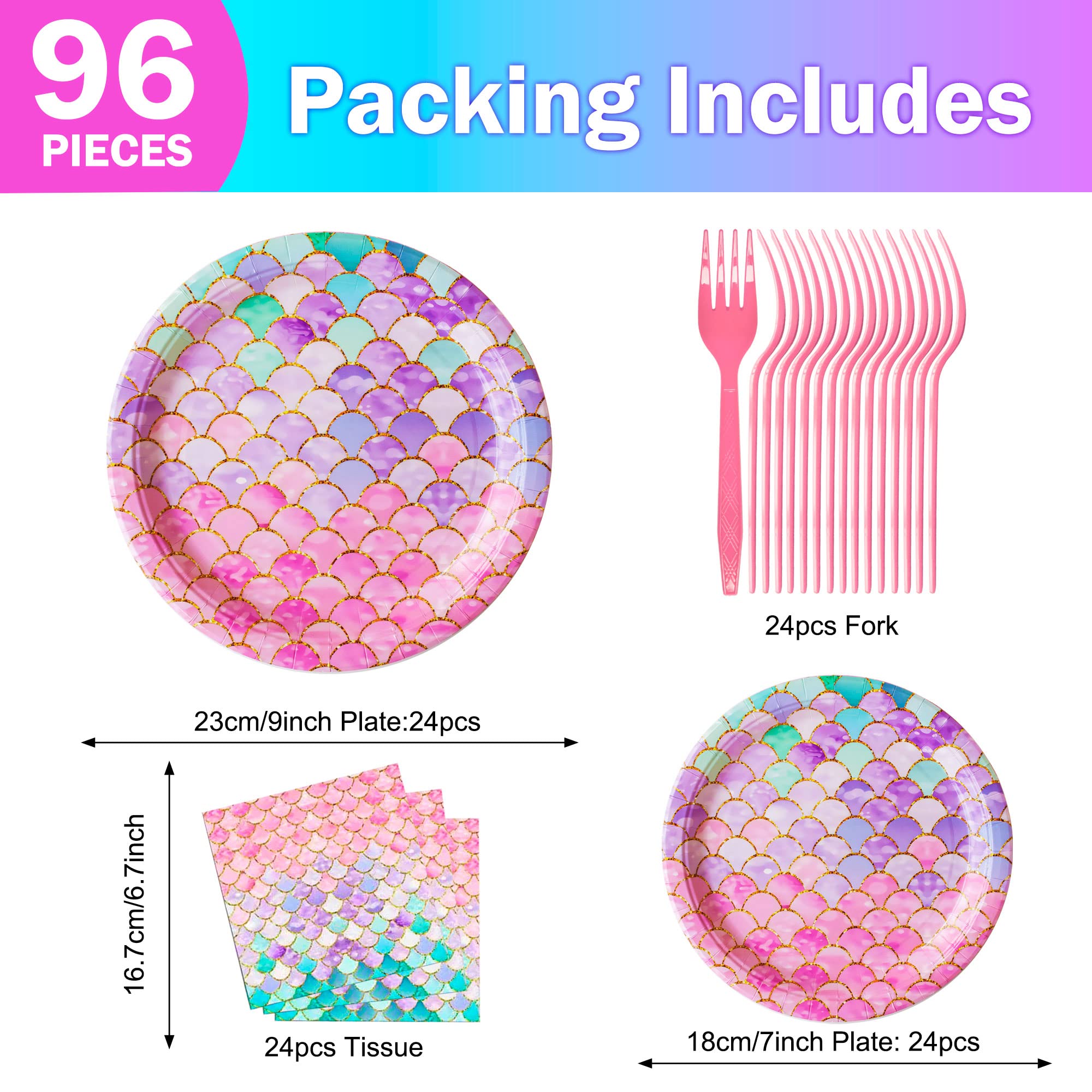 Mermaid Party Decorations, Jestar 96 Pcs Mermaid Birthday Party Supplies Plates and Napkins for Girls Baby Shower Mermaids Birthday Party Bachelorette Party Wedding Bridal Shower Decorations Serves 24