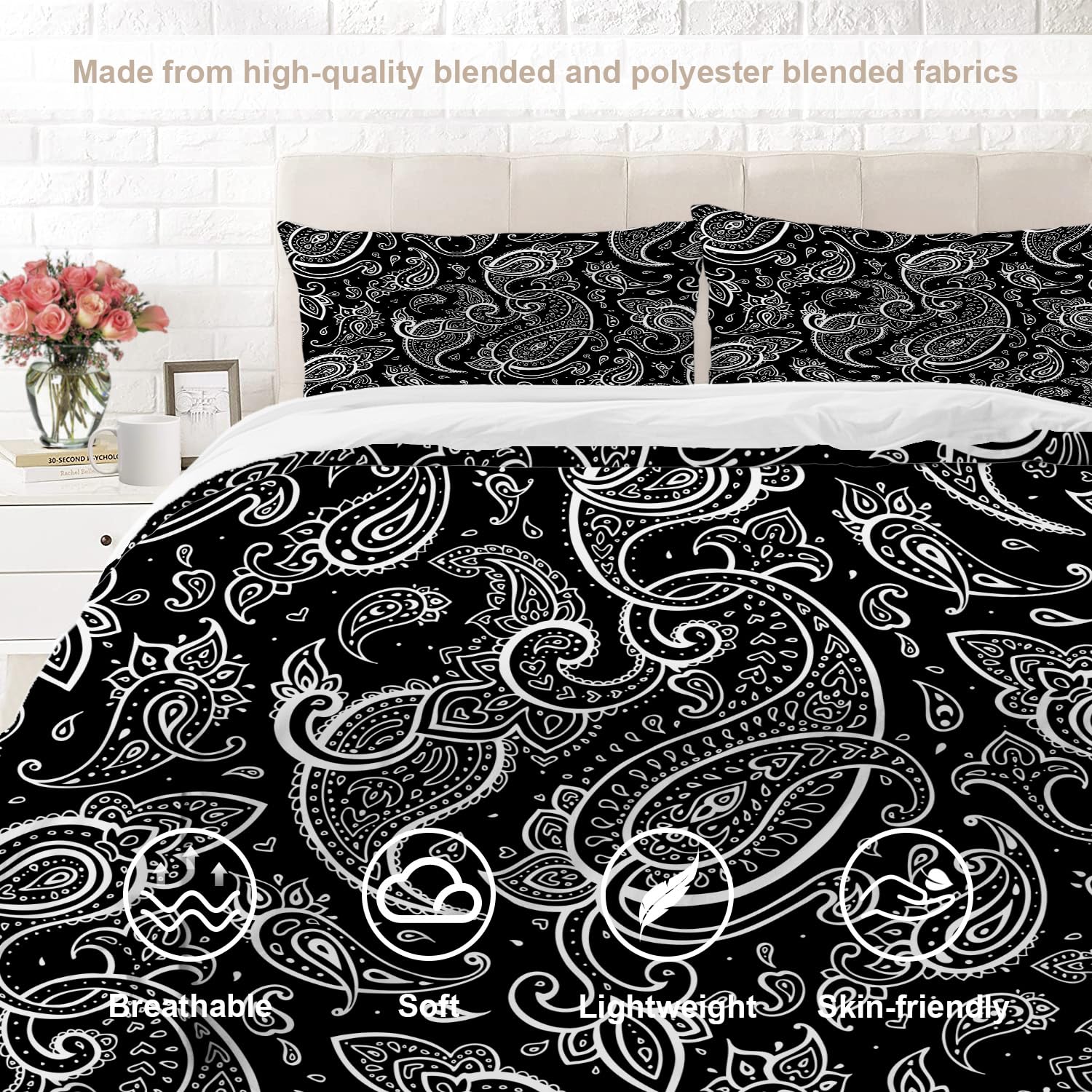 BaoNews Black Paisley Floral Duvet Cover Set Full Size,3 Pieces Bandana Silk Neck Scarf Kerchief Bedding Set Hotel Quality PolyesterComforter Cover Set with 2 Pillowcases(No Filler)