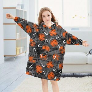 JHKKU Urban Style Basketball Sport Wearable Blankets for Kids, Super Soft Warm Cozy Oversized Blanket Hoodie, Unique Gifts Boys Girls Teens with Giant Pocket