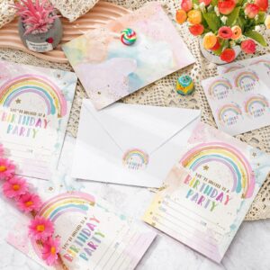 AnyDesign Rainbow Birthday Party Invitations with Envelopes Stickers Watercolor Birthday Paper Invitation Cards for Kids Party Celebration Supplies, Set of 20