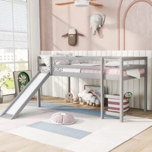 merax twin kids wood low loft bed with ladders/slide loft bunk bed for juniors, no box spring needed, walnut