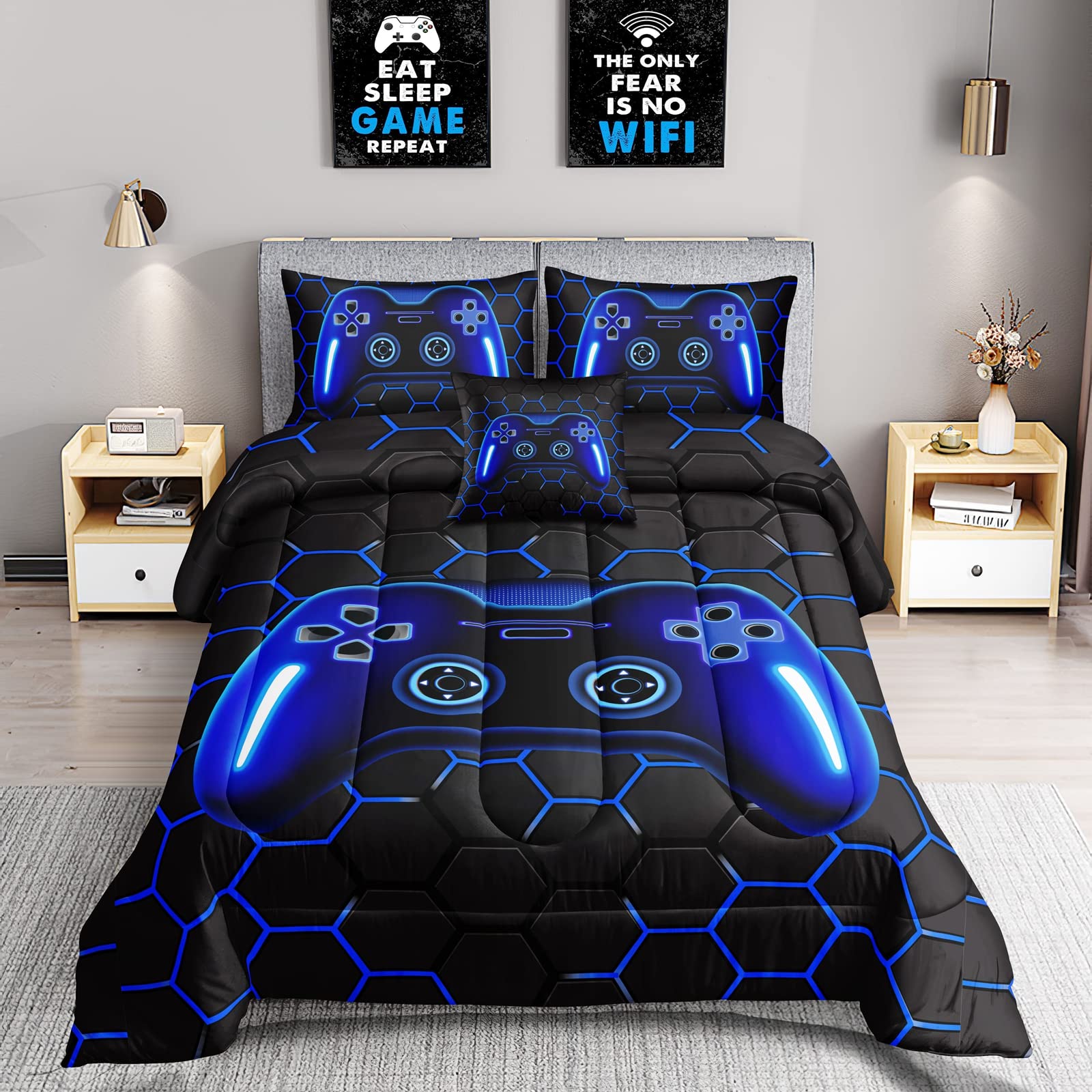 ROWADALO 6 Pieces Bed in A Bag Gamer Bedding Set for Boys Kids Adult Gaming Comforters Set,Boys Bed in A Bag Set Full Size Comforter with Fitted Shee Flat Sheet Pillowcase pillowsham,DJTH5025Full