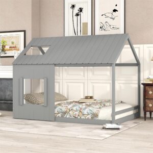 full house bed, montessori bed full size floor bed with rails and roof, window, solid wood platform bed frame with slats, for kids teens girls boys (full size, gray)