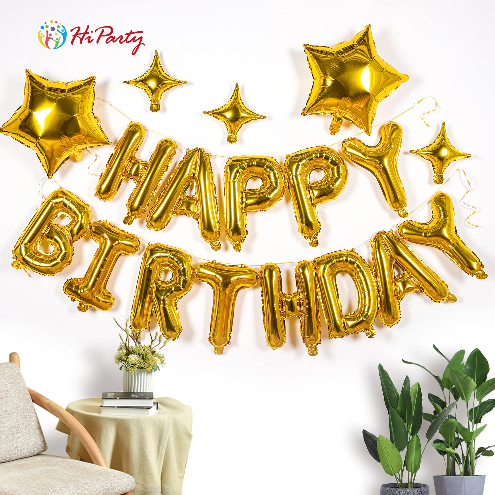 23pcs Birthday Balloons Banner, 3D Gold Premium Mylar Foil Ecofriendly Letter Happy Birthday Banner with 5pcs Star Balloons Kits for Kids Girls Boys Men Adults Birthday Party Decorations Supplies