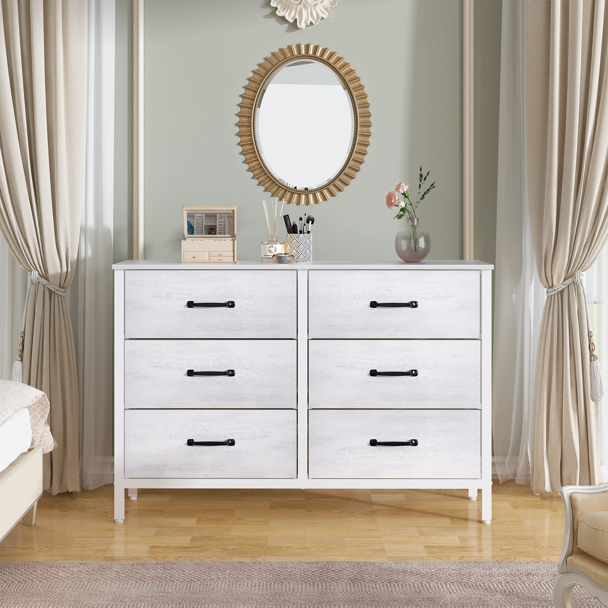 LYNCOHOME White Dresser with 6 Drawers, Wide Dresser for Bedroom and 50" TV, Entertainment Center with Metal Frame, Wooden Top, Fabric Drawers Dresser for Bedroom, Hallway, Entryway, White