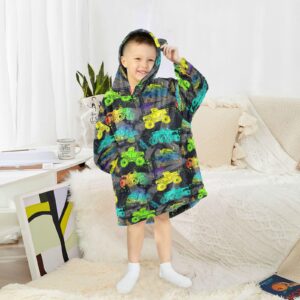 JHKKU Monster Truck Car Wearable Blankets for Kids, Oversized Flannel Blanket Hoodie for Kids, Warm Blanket Hoodie for Boys Girls with Pockets