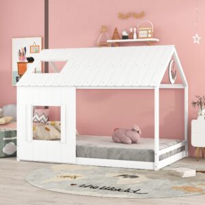 bellemave house bed full size montessori style floor frame wood kids cabin beds fun playhouse with roof and window for girls boys teens, white