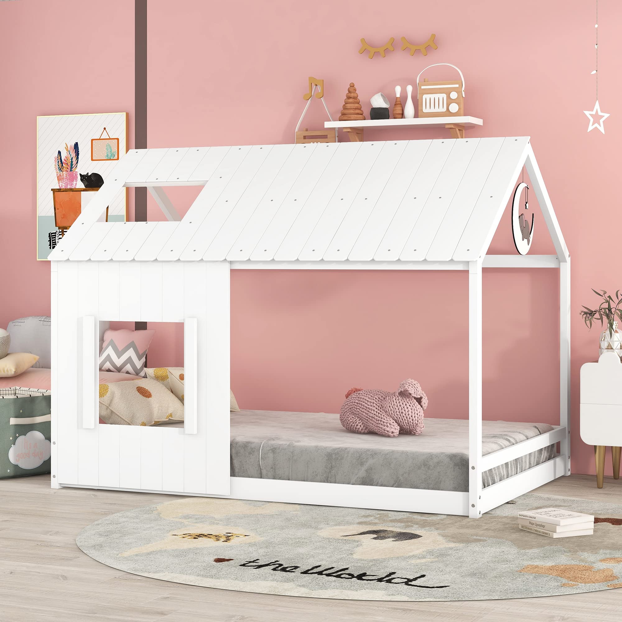 Bellemave House Bed Full Size Montessori Style Floor Frame Wood Kids Cabin Beds Fun Playhouse with Roof and Window for Girls Boys Teens, White