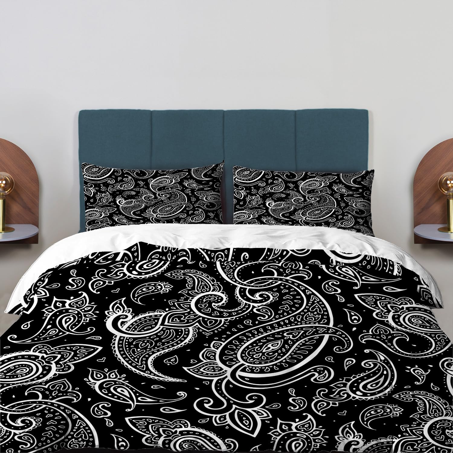 BaoNews Black Paisley Floral Duvet Cover Set Full Size,3 Pieces Bandana Silk Neck Scarf Kerchief Bedding Set Hotel Quality PolyesterComforter Cover Set with 2 Pillowcases(No Filler)