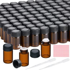 tuzazo 100packs essential oil sample bottles 2ml drams amber glass vials with caps, orifice reducers, labels and transfer droppers, mini anointing oil bottles 0.068oz