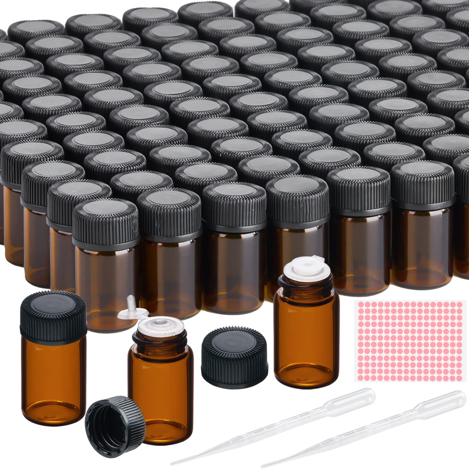 TUZAZO 100Packs Essential Oil Sample Bottles 2Ml Drams Amber Glass Vials with Caps, Orifice Reducers, Labels and Transfer Droppers, Mini Anointing Oil Bottles 0.068OZ