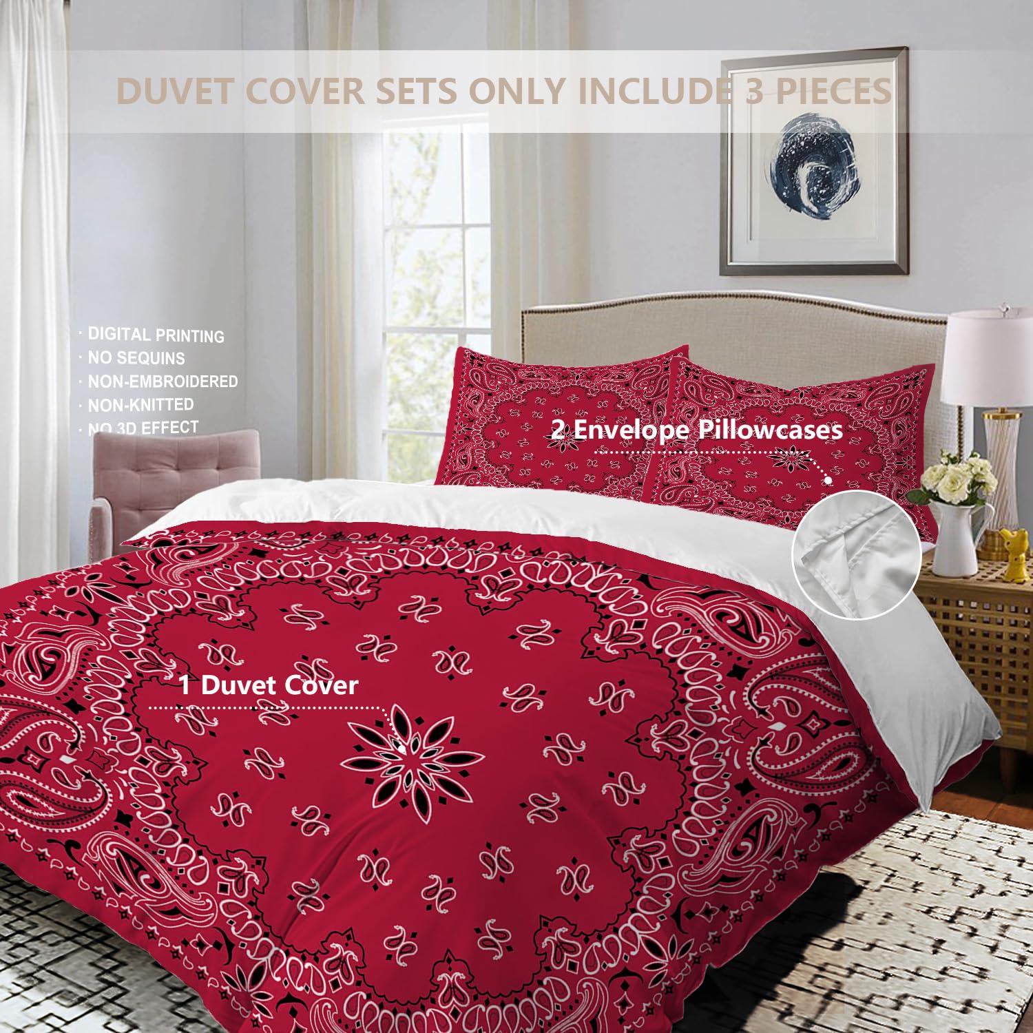 BaoNews Red Paisley Bandana Duvet Cover Set Full Size,3 Pieces Bandana with Red Paisley in The Middle Bedding Set Hotel Quality PolyesterComforter Cover Set with 2 Pillowcases(No Filler)