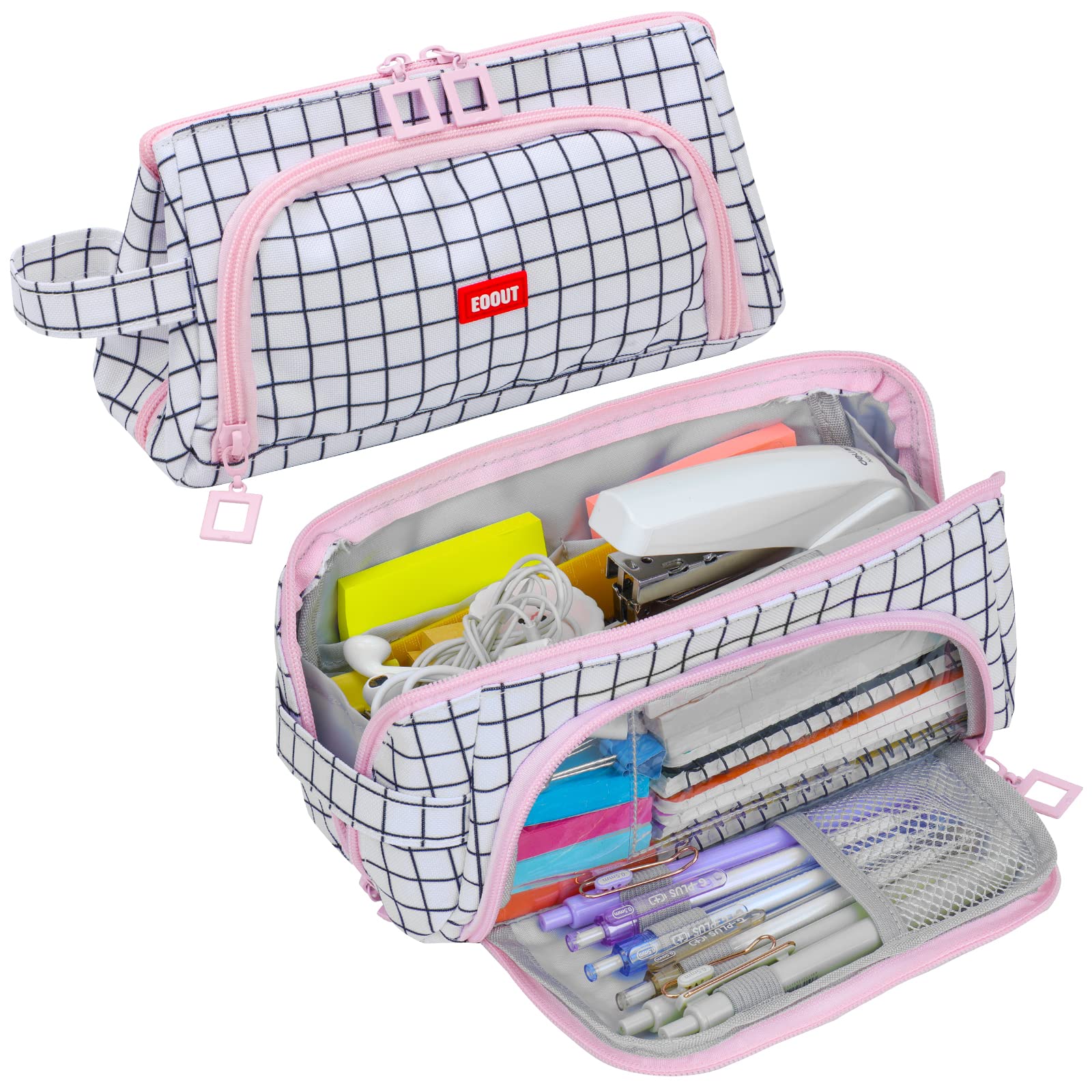 EOOUT Pencil Case Pouch, Big Capacity Pen Bag, Large Organized Cute Pen Case for School Stationery and Travel Cosmetics Storage (Plaid White)