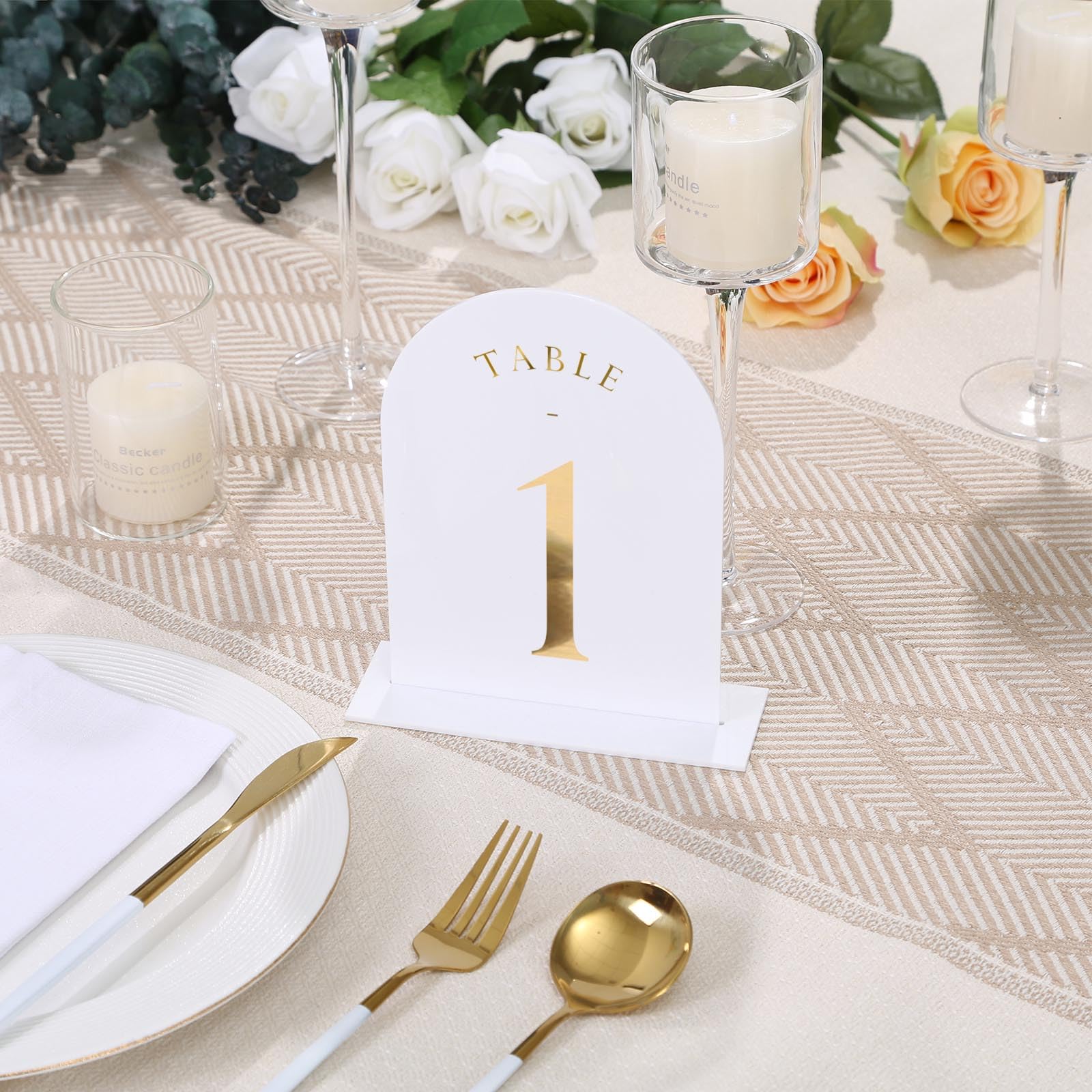 UNIQOOO White Arch Wedding Table Numbers with Stands 1-20, Gold Foil Printed 5x7 Double sided Acrylic Signs and Holders, Perfect for Centerpiece, Reception, Decoration, Party, Anniversary, Event