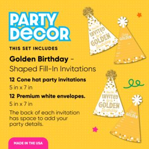 Big Dot of Happiness Golden Birthday - Shaped Fill-In Invitations - Happy Birthday Party Invitation Cards with Envelopes - Set of 12