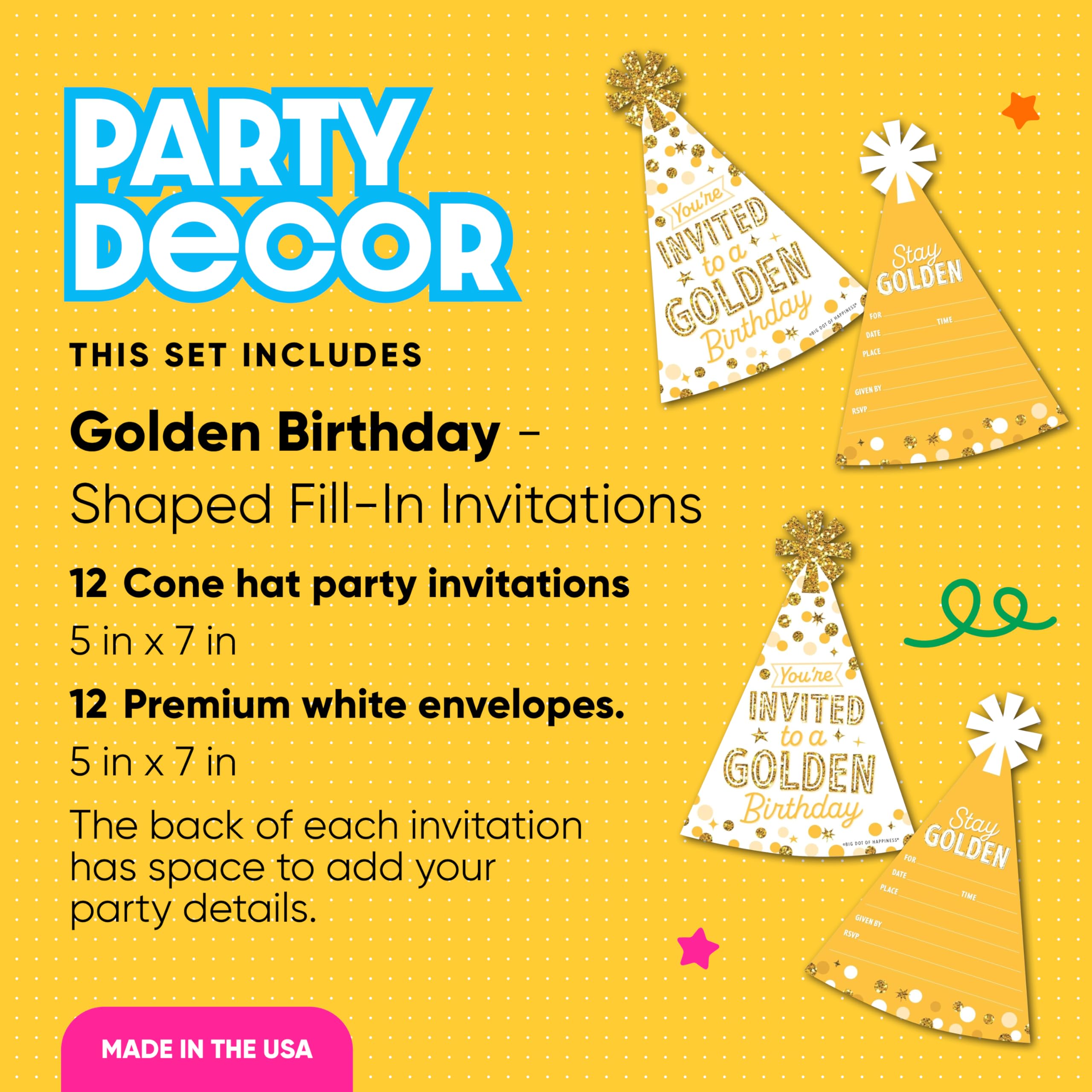 Big Dot of Happiness Golden Birthday - Shaped Fill-In Invitations - Happy Birthday Party Invitation Cards with Envelopes - Set of 12