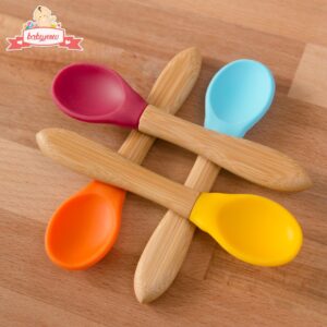 Bamboo Baby Spoons 4 PACK - Toddler Weaning Spoon - Bamboo Handle Silicone Soft Tip Spoon 5.5” Toddlers Weaning Baby Food Utensil - Mom Baby Travel Spoonset