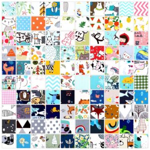 100 Pcs Cotton Fabric Square Patchwork Craft Fabric Scraps Quilting Fat Bundles Flower Animals Cartoon for DIY Sewing Cloths (Lovely, 10 Inch)