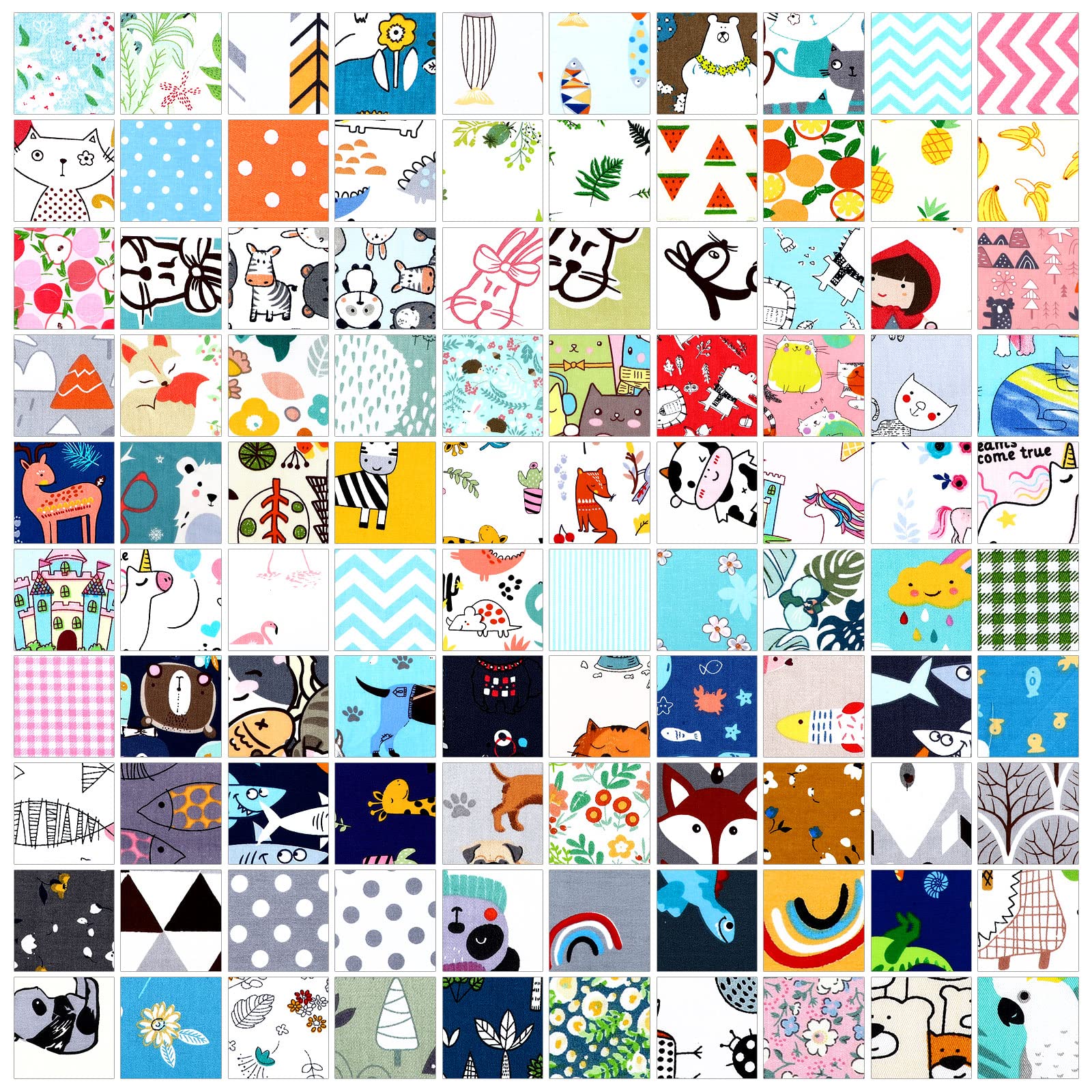 100 Pcs Cotton Fabric Square Patchwork Craft Fabric Scraps Quilting Fat Bundles Flower Animals Cartoon for DIY Sewing Cloths (Lovely, 10 Inch)