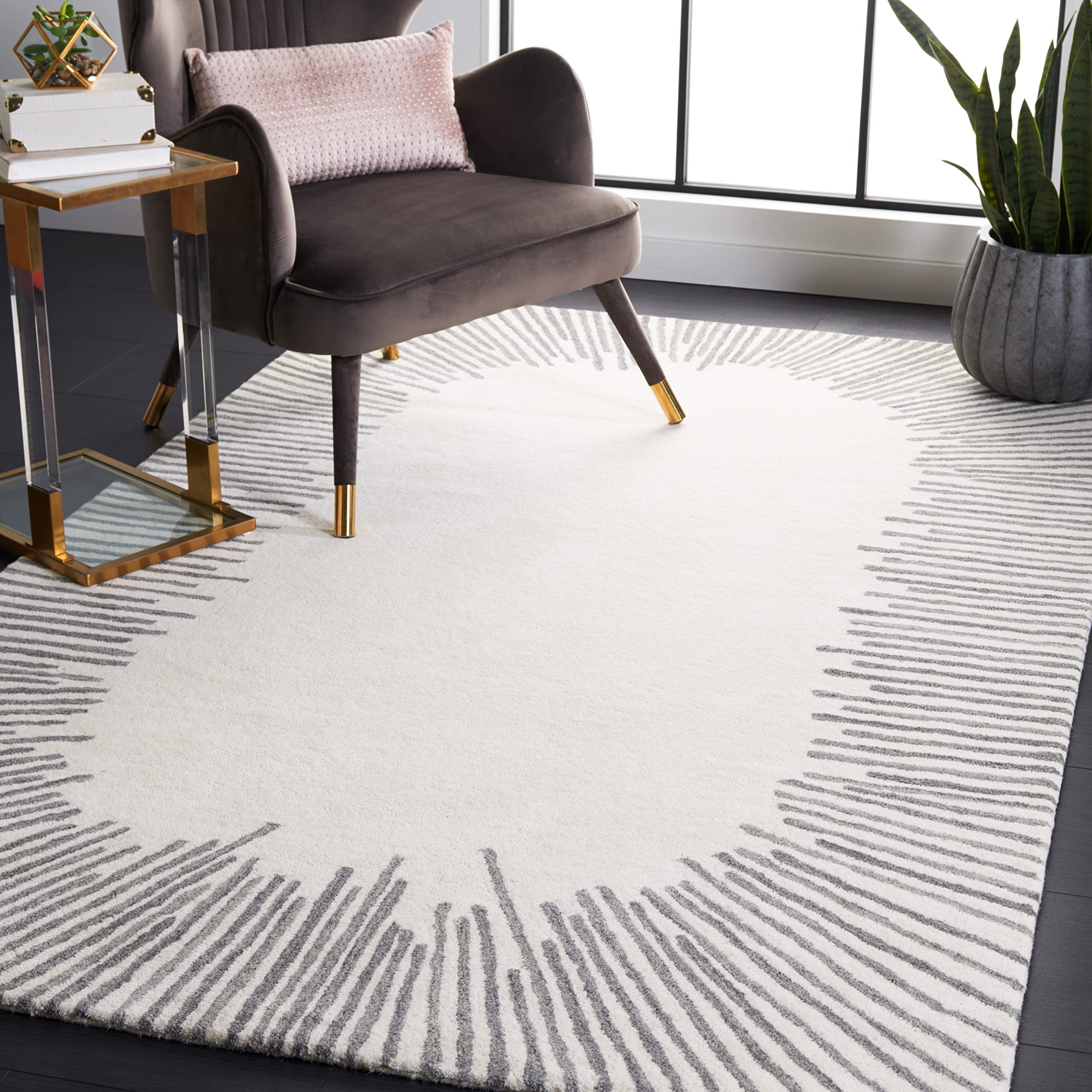 SAFAVIEH Fifth Avenue Collection Area Rug - 6' x 9', Ivory & Grey, Handmade Modern Abstract Stripe Border Wool, Ideal for High Traffic Areas in Living Room, Bedroom (FTV129G)