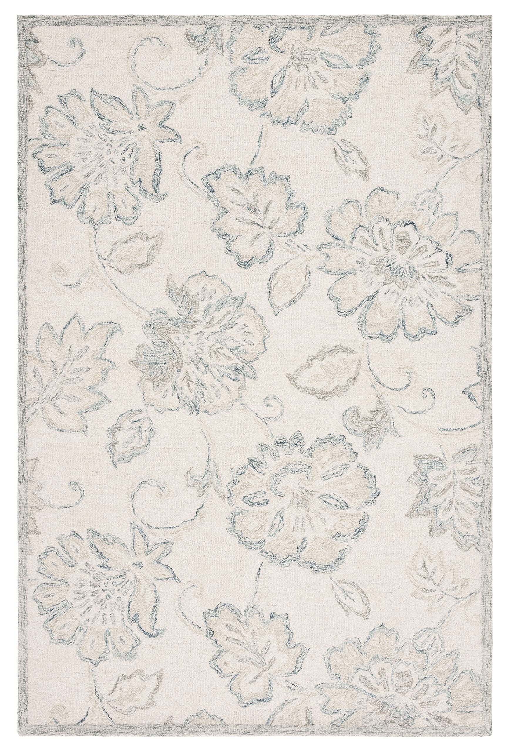 SAFAVIEH Micro-Loop Collection Area Rug - 5' x 8', Ivory & Blue, Handmade Floral Wool, Ideal for High Traffic Areas in Living Room, Bedroom (MLP477A)