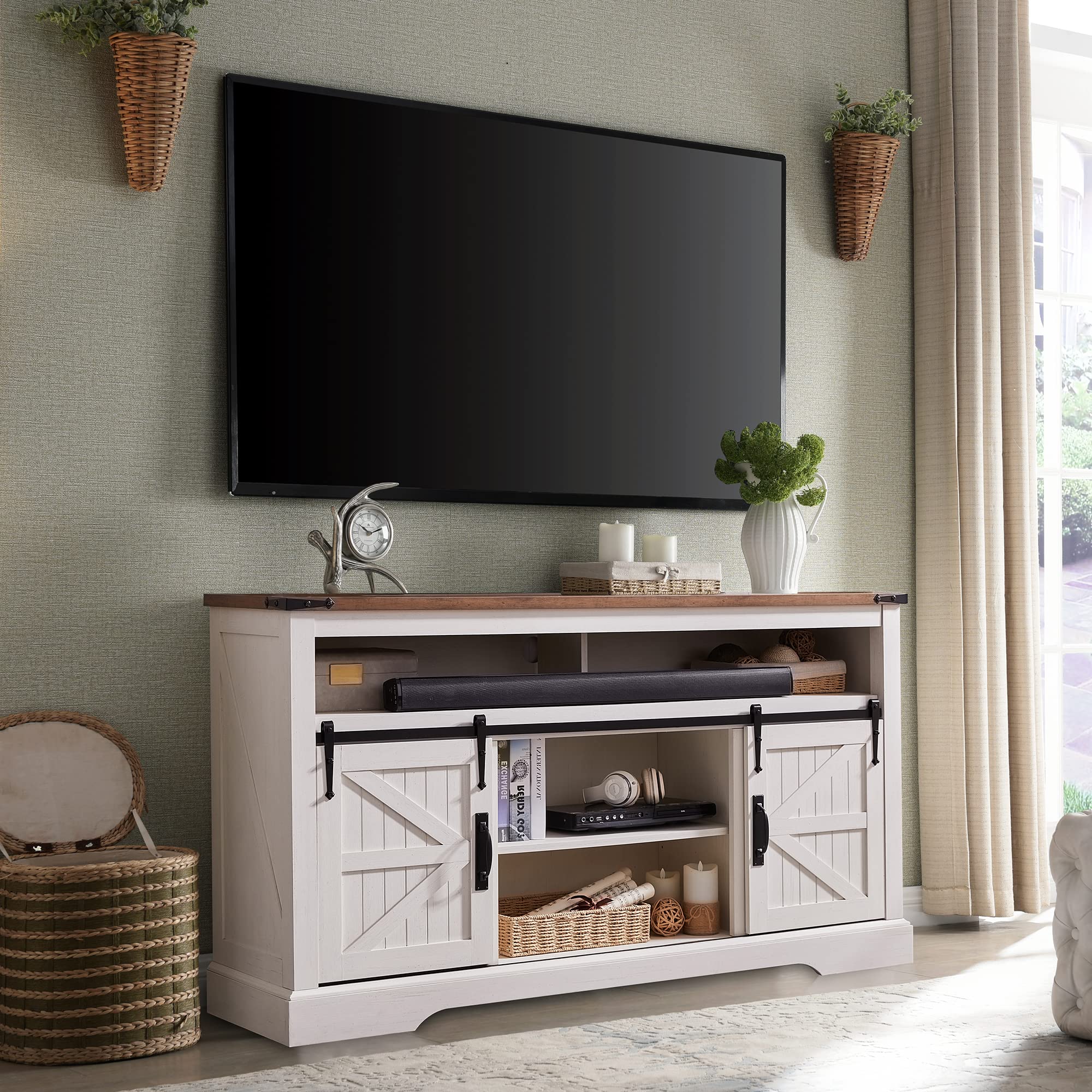 OKD Farmhouse TV Stand for 65+ Inch TV, 33" Tall Highboy Entertainment Center w/Sliding Barn Door, Rustic Media Console w/Storage Shelves, Wood Television Stand for Living Room, Antique White