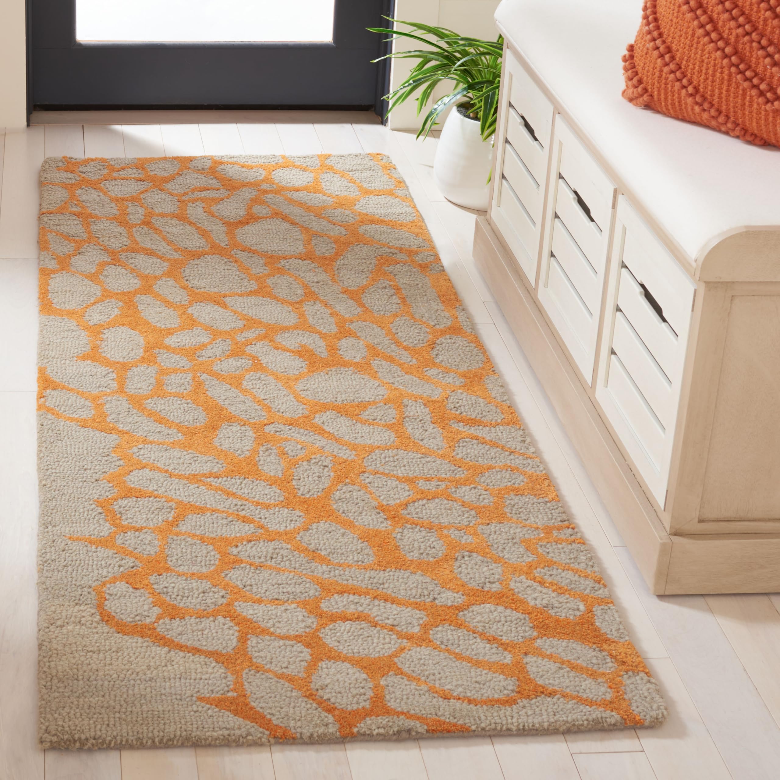 SAFAVIEH Blossom Collection Runner Rug - 2'3" x 6', Grey & Orange, Handmade Wool & Viscose, Ideal for High Traffic Areas in Living Room, Bedroom (BLM695C)