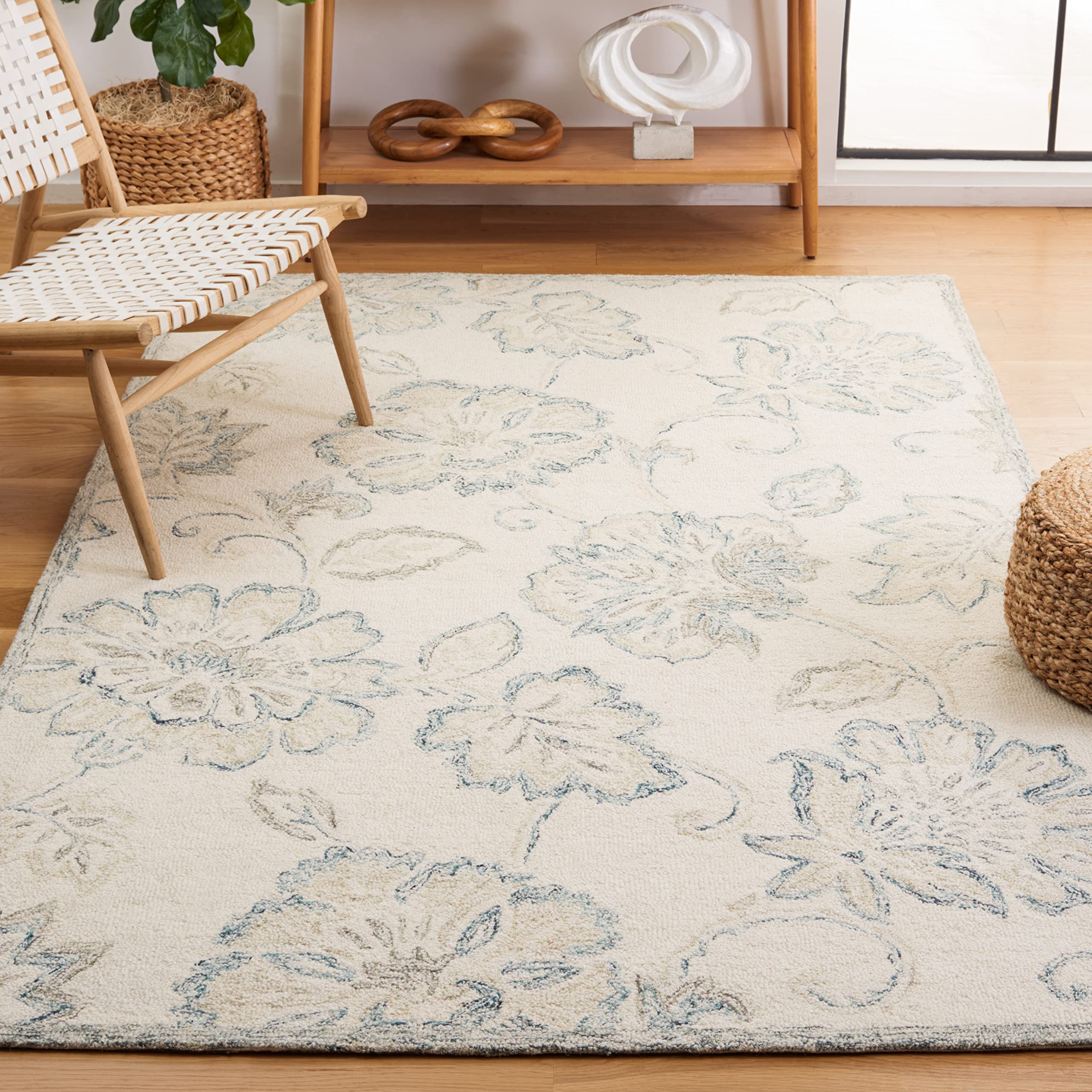 SAFAVIEH Micro-Loop Collection Area Rug - 5' x 8', Ivory & Blue, Handmade Floral Wool, Ideal for High Traffic Areas in Living Room, Bedroom (MLP477A)