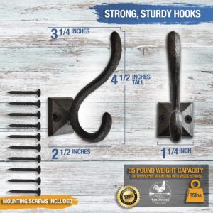 Rustic Wall Hooks for Hanging (5 Pack) Cast Iron Black Coat Hooks Wall Mounted - Farmhouse Decor Square Base Hooks for Coats, Bags, Hats, Towels (Black Hooks)