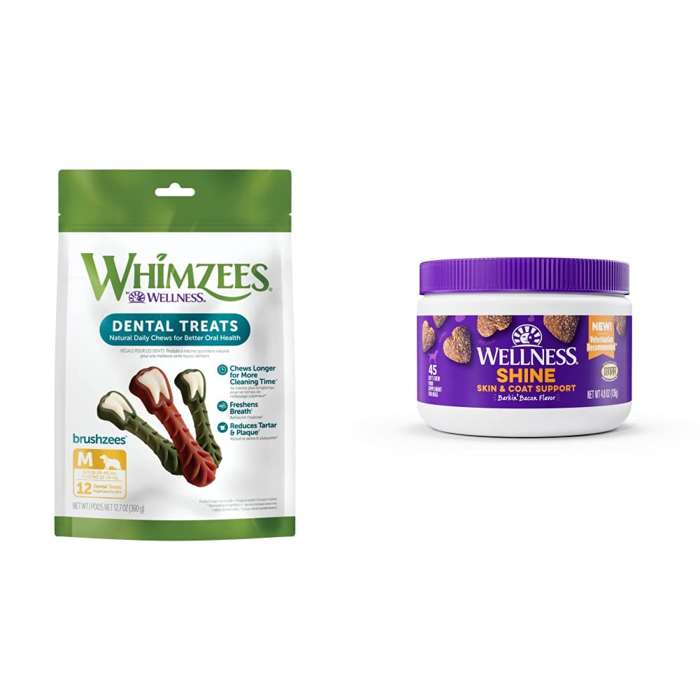 Whimzees by Wellness Brushzees Dental Chews for Dogs, Medium Breed, 12 Count + Wellness Skin & Coat Soft Chew Dog Supplements, Barkin' Bacon Flavored, 45 Count