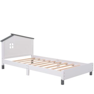 Merax Kids Mordern House Beds Frame Twin, Wood Low Bed for Boys,Girls, No Box Spring Need (Twin, White+Gray)