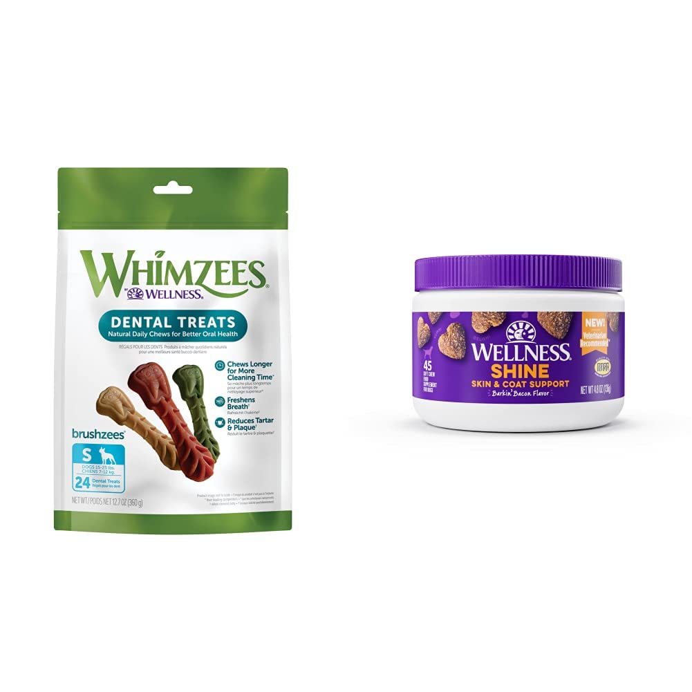 Whimzees by Wellness Brushzees Dental Chews for Dogs, Small Breed, 24 Count + Wellness Skin & Coat Soft Chew Dog Supplements, Barkin' Bacon Flavored, 45 Count