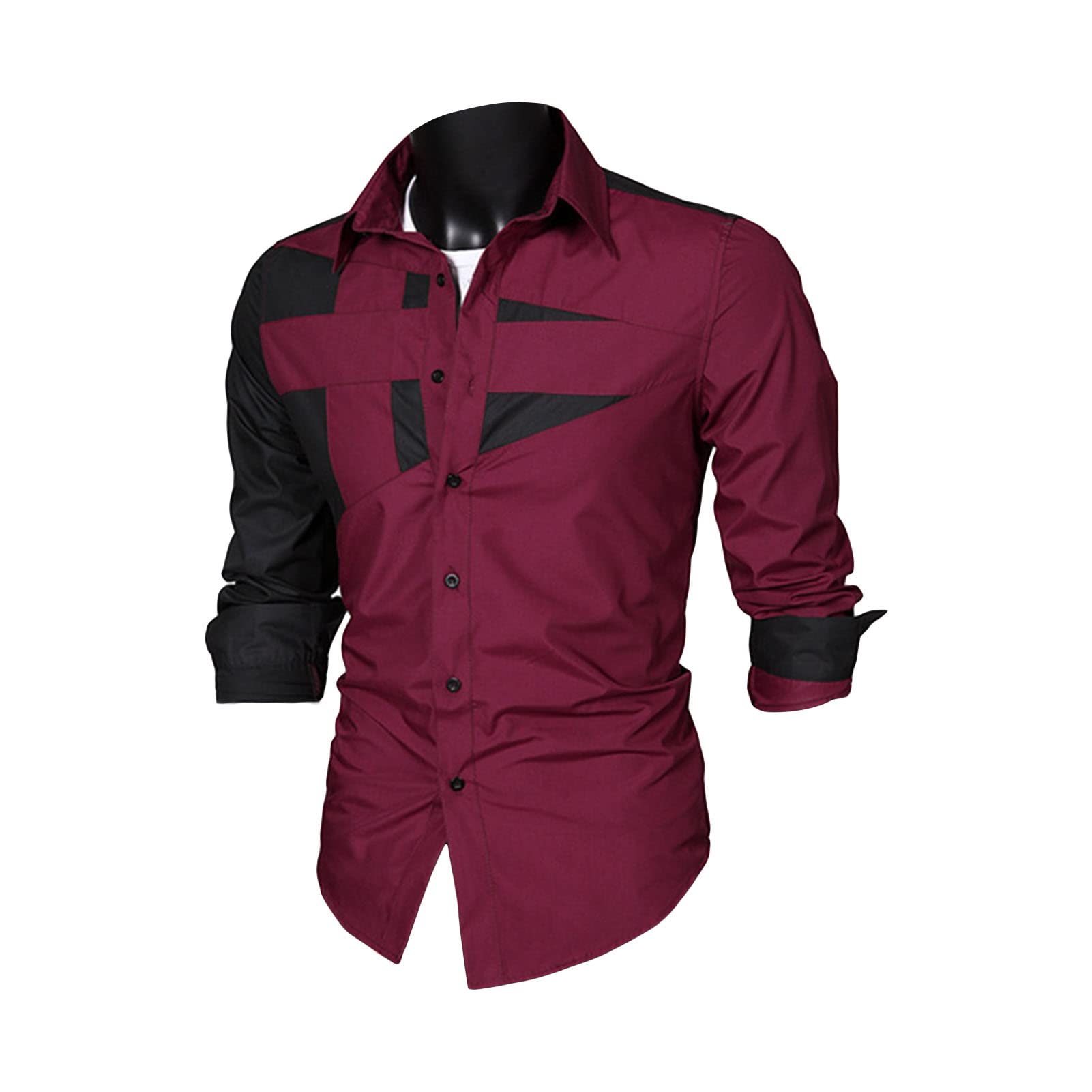 Men's Long Sleeve Stylish Dress Shirts Patchwork Casual Button Down Shirts Turn-Down Collar Shirt Top (Red,XX-Large)