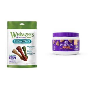 whimzees natural grain free daily dental dog treats, brushzees, extra small, bag of 48 + wellness skin & coat soft chew dog supplements, barkin' bacon flavored, 45 count