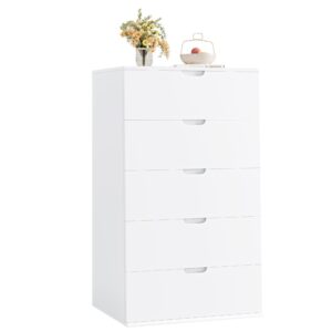 FOTOSOK 5 Drawer Dresser, White Dresser Modern Dresser Wood Chest of Drawers with Closed Cut-Out Handles, 23.6L x 17.3W x 39.4H Inch Tall White Dresser for Home Office