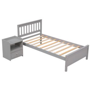 CITYLIGHT Twin Size Platform Bed with a Nightstand, Wooden Twin Bed Frame with Headboard and Footboard for Kids, Teens, Adults, No Box Spring Required (Twin, Gray)