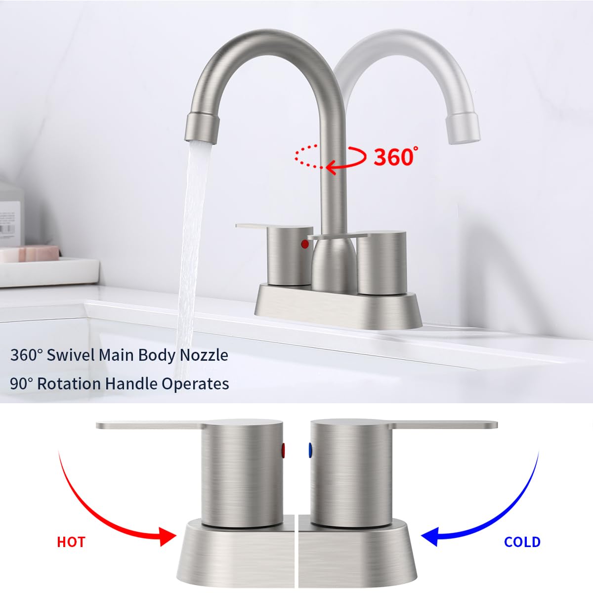 Bathroom Faucet Brushed Nickel 2-Handle Bathroom Sink Faucet 360 Degree High Arc Swivel Spout Centerset 4 Inch Vanity Faucet RV Bathroom Faucet 3 Holes Lavatory Faucet