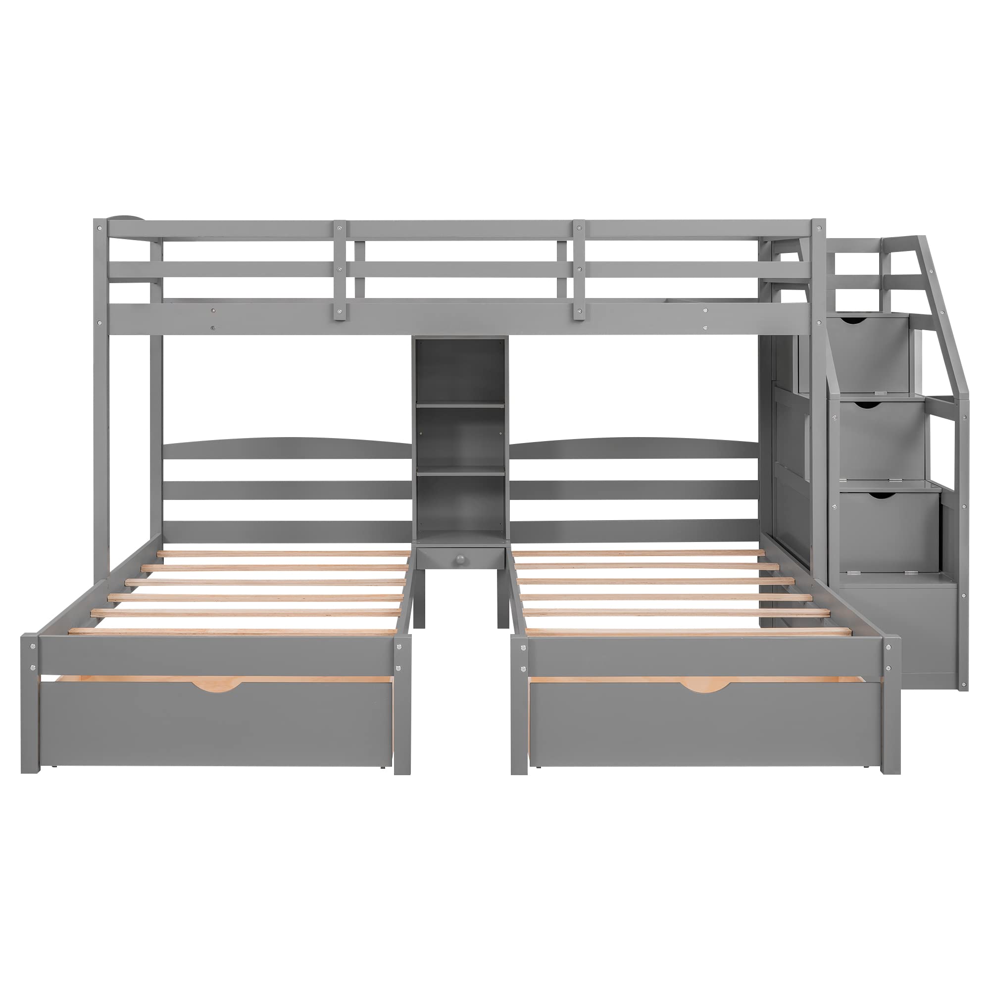 Triple Bunk Beds with Stairs , Wood Twin Over Twin & Twin Bunk Bed with Storage Drawers and Built-in Shelves, Triple Bed for Kids ,3 Bed Bunk Beds with Storage for Girls Boys ,Grey