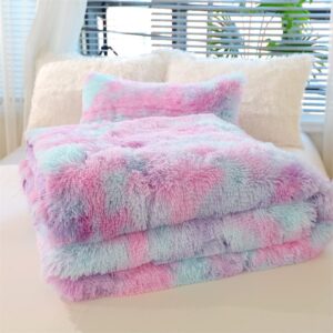 Roscloud Faux Fur Kids Girls Purple Rainbow Comforter Sets Twin/Full - 3PC Bed Set Warm Comfortable Soft Plush Flannel Velvet Fluffy Fuzzy Bedding（Comforter x 1 Pillowcases x 2）