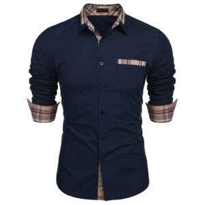 men long sleeve patchwork dress shirts classic plaid button down shirts slim fit turn-down collar shirt tops (dark blue,x-large)