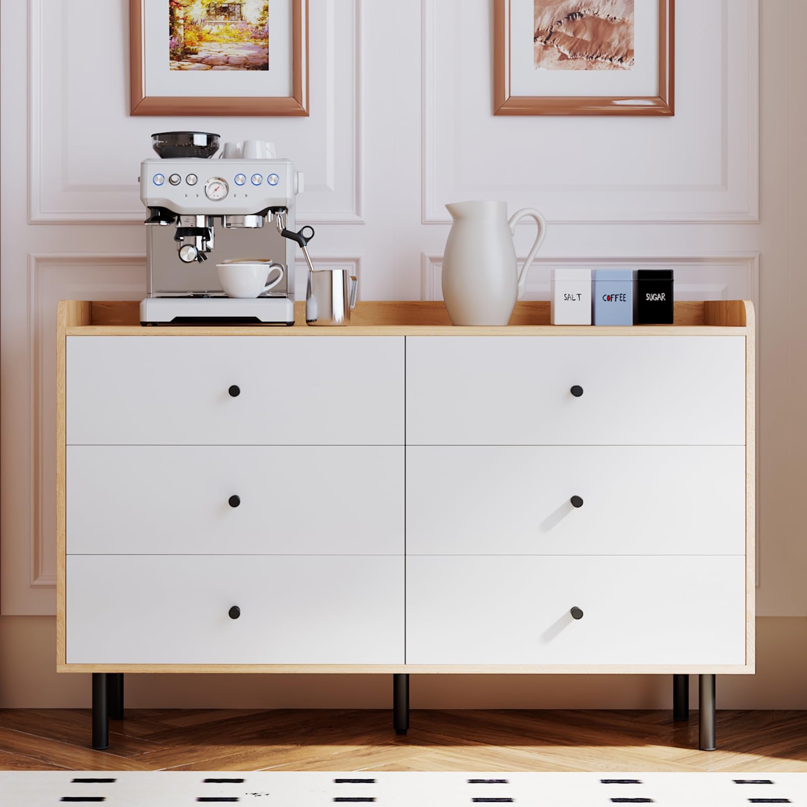 MAISONPEX Dresser for Bedroom with 6 Drawers and Metal Handle,Sturdy Frame Modern Bedroom Furniture, Chest of Drawers, White Dressers with Drawers for Closet Hallway, Living Room, Entryway